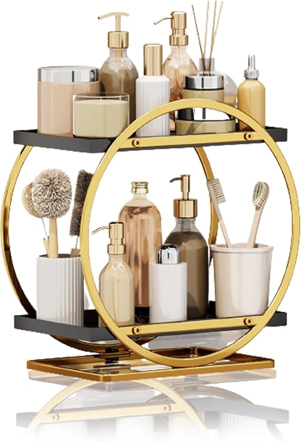 2-Tier Gold Bathroom Countertop Organizer, Round Metal Shelf for Skincare, Makeup and Toiletries,Cosmetic Display Tray, Storage Rack for Vanity, Kitchen,Office Desk