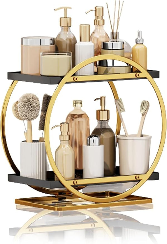 2-Tier Gold Bathroom Countertop Organizer, Round Metal Shelf for Skincare, Makeup and Toiletries,Cosmetic Display Tray, Storage Rack for Vanity, Kitchen,Office Desk