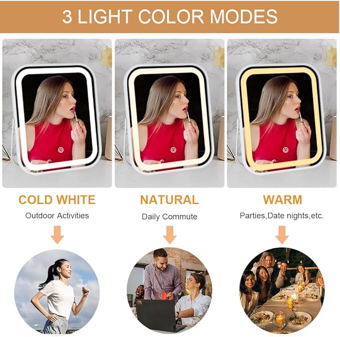 YEKKOPT Lighted Makeup Mirror, Rechargeable Vanity Mirror with Lights 10''x8'' Makeup Mirror with Lights,Light up Mirror Touch Screen with 3-Color Lighting,for Women Gift,Travel Essentials