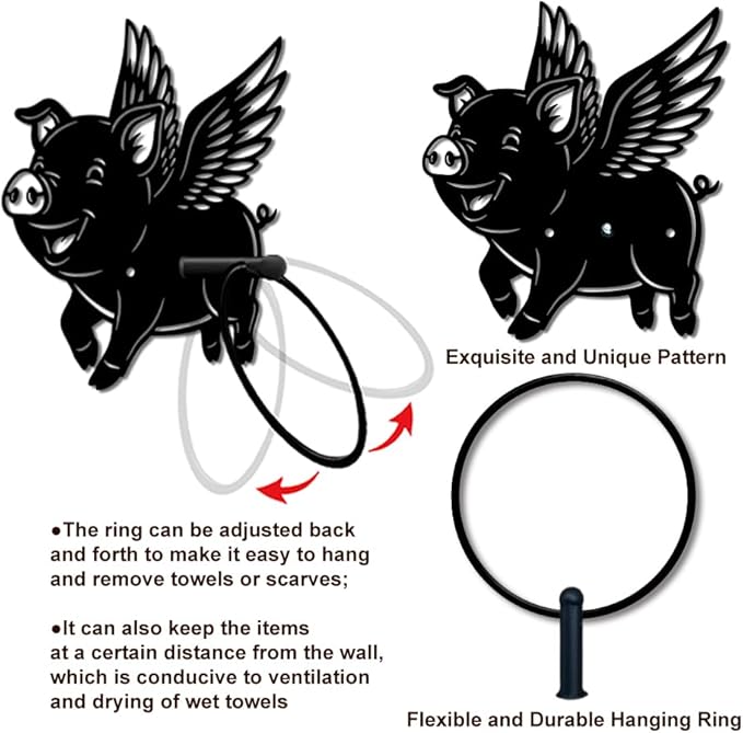 MAYJOYDIY Flying Pig Metal Towel Ring Round Wings Pig Hand Towel Holder Animals Ring Hanger Wall Mount Black Vintage Towels Wall Organizer for Kitchen Bath Home Laundry Room Decors Gifts