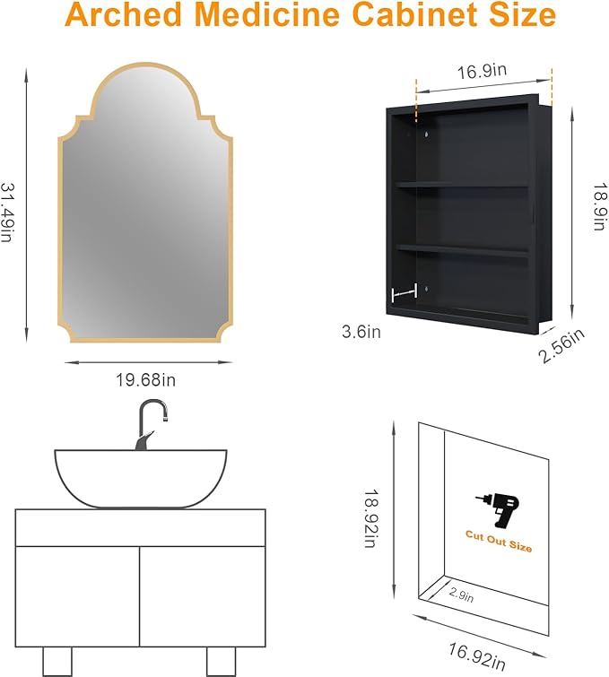 20"x32" Medicine Cabinet with Mirror, Recessed and Surface Mount Medicine Cabinets for Bathroom, Bedroom, Full Metal, Unique Art Arched Mirror with Storage, 2 Shelves and 1 Organizer Box, Bling Gold