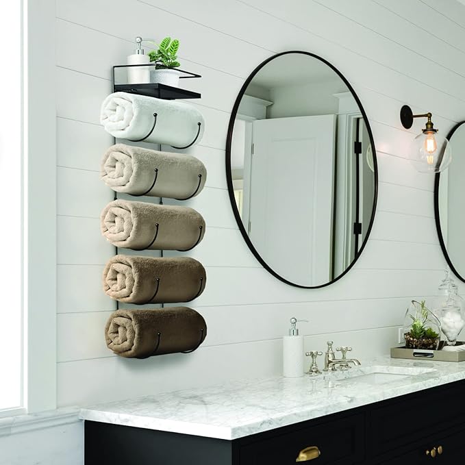 Sorbus Bathroom Towel Holder - 5 Tier Metal Towel Rack with Wood Shelf for Rolled Bath Towels, Washcloths, Linens, Hand Towels, Soaps & Accessories - Wall Mounted Towel Rack for Bathroom Towel Storage