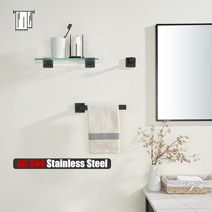 JQK Hand Towel Holder Towel Ring Gold, Thicken 0.8mm 304 Stainless Steel Bathroom Hand Towel Bar, 9 Inch Wall Mount Towel Rack Hanger, Matte Black, THH250L9-PB