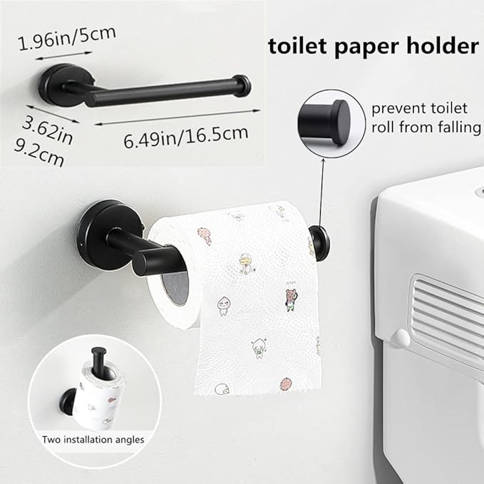 szhdxsy 6Pack Matte Black Bathroom Hardware Set, SUS 304 Stainless Steel Towel Holder Wall Mounted -Include16inch Towel Rack,Toilet Paper Holder, Wall Towel Hooks and Adhesive Bathrobe Hooks.