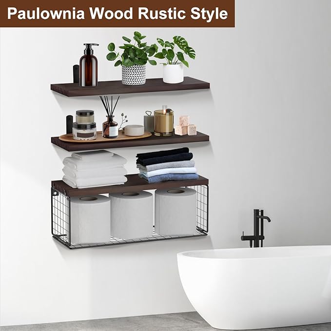 2 in 1 Floating Shelves with Storage Basket, Sturdy Paulownia Wood Wall Shelves for Bathroom Living Room