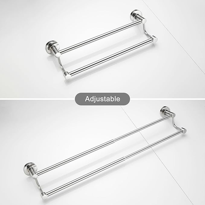 Adjustable Double Towel Racks for Bathroom 15 to 26.5 Inch Towel Bar, Expandable Brushed Nickel Double Bath Towel Holder, Wall Mount with Screws Towel Bar Rod