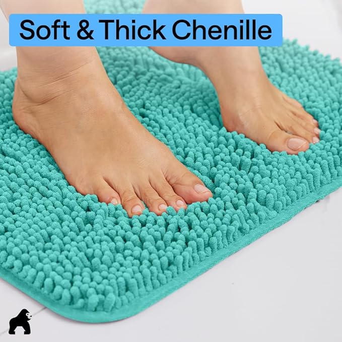 GORILLA GRIP Bath Rug Mat 36x24, Soft Absorbent Chenille, Quick Dry Microfiber Mats, Rubber Backing Washable Shower Floor Rugs, Bathmat Runner, US Designed Bathroom Home Decor Accessories Turquoise