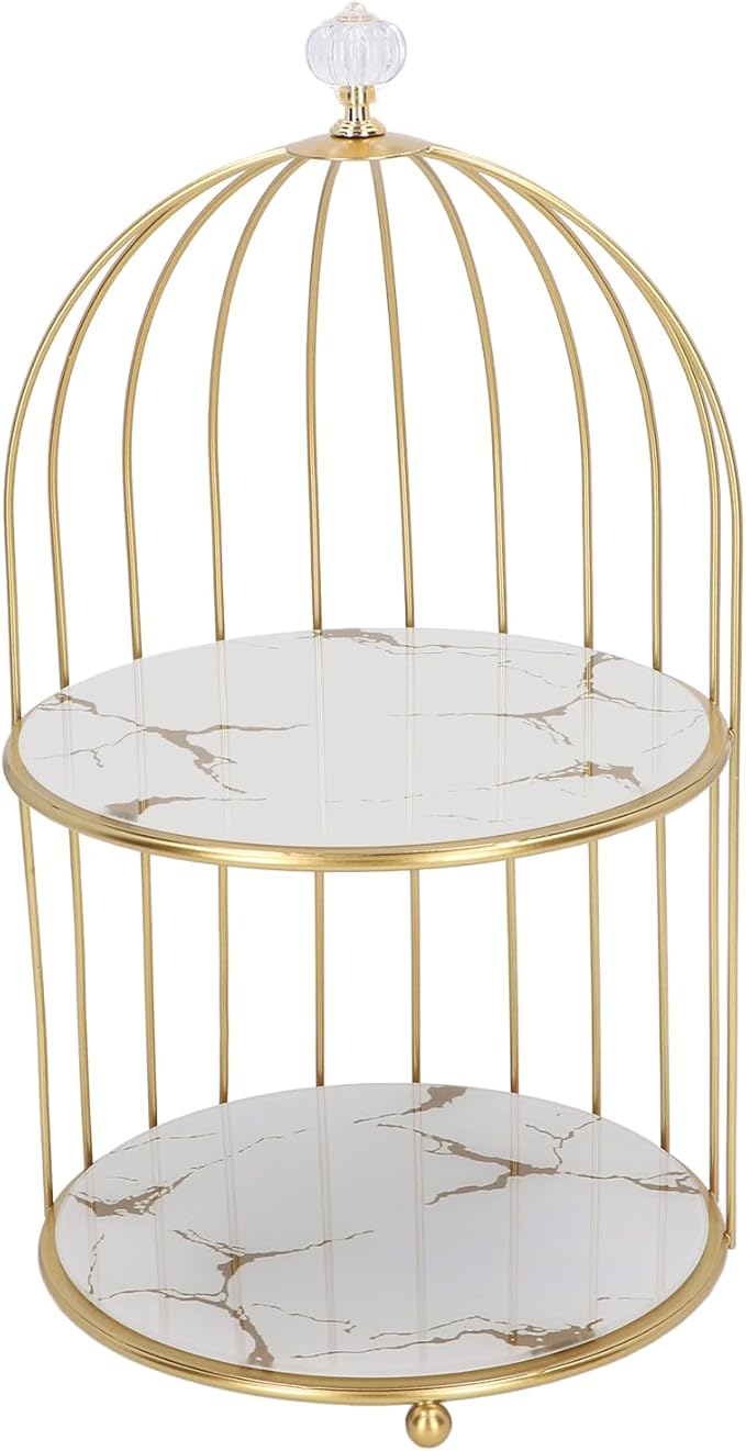 Double Layer Storage Shelf Bird Cage Organizer Display Rack for Bathroom Countertop Dressing Table Gold Frame (White Base Gold Pattern)
