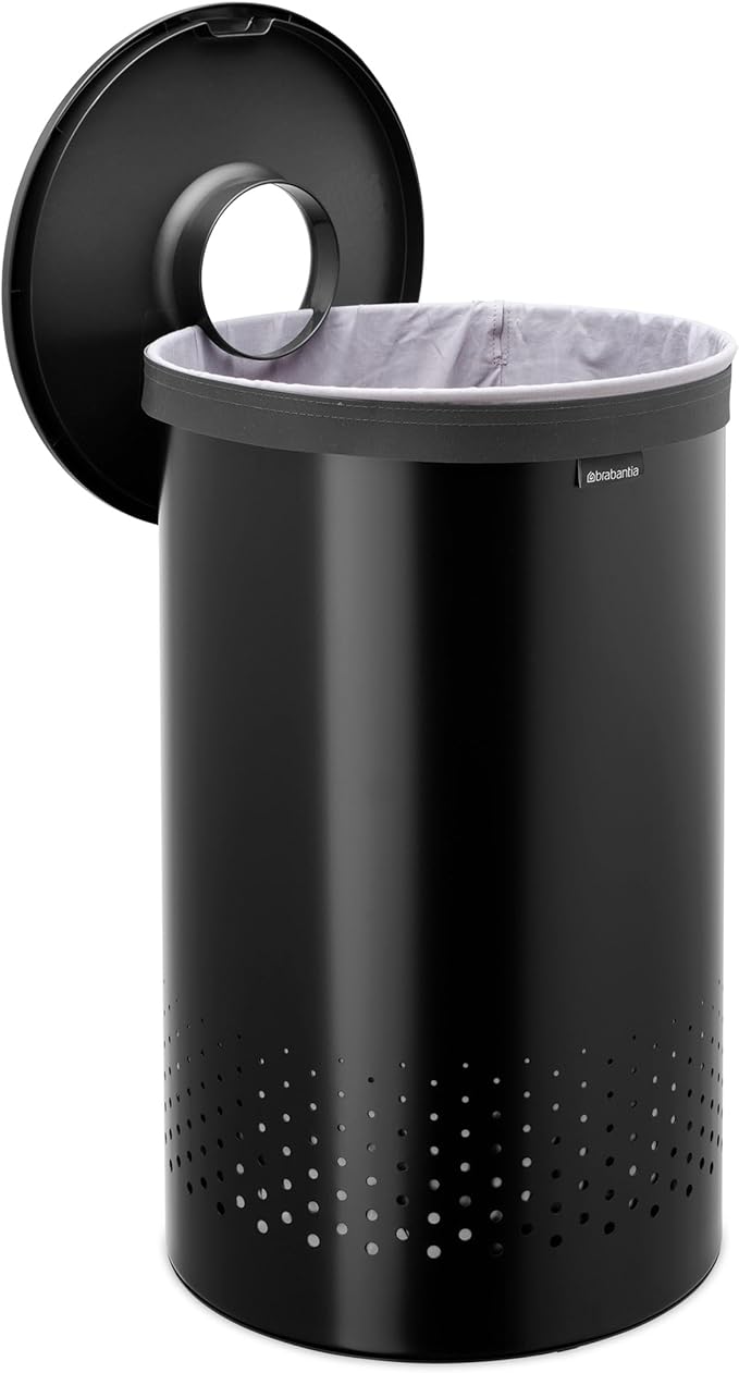 Brabantia Laundry Basket with Lid | 16 Gal Washing Hamper with Removable Cotton Bag & Quick-Drop Opening | Space-Saving Laundry Hamper | Matt Black
