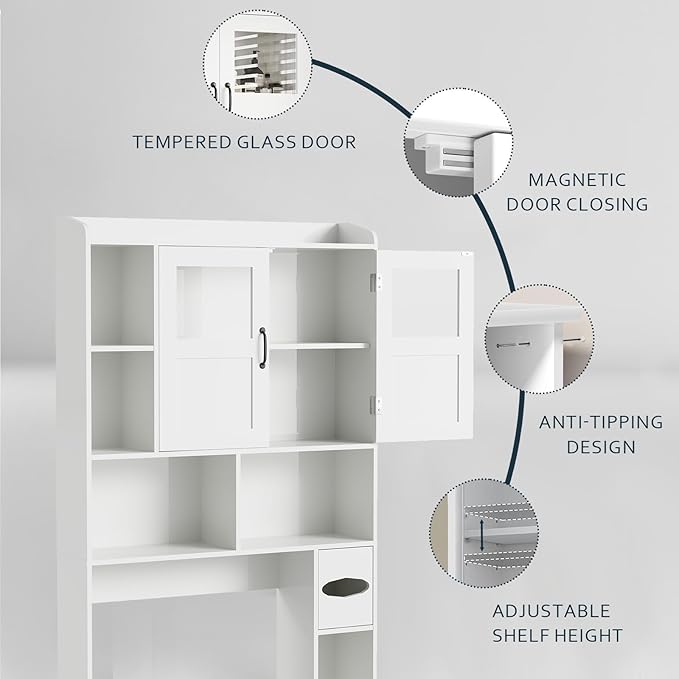 Farmhouse Style Over Toilet Storage Cabinet, 67" Tall Bathroom Organizer Unit with Sliding Barn Doors & Open Shelving for Bathroom, Neutral Wood Grain Finish