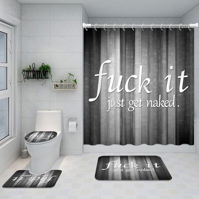 ArtSocket 4PC Funny Get Naked Grey Striped Vintage Abstract Shower Curtain Sets Bathroom Decor with Rugs, Non-Slip Rug,Toilet Lid Cover, Bath Mat and 12 Hooks 72x72 inches