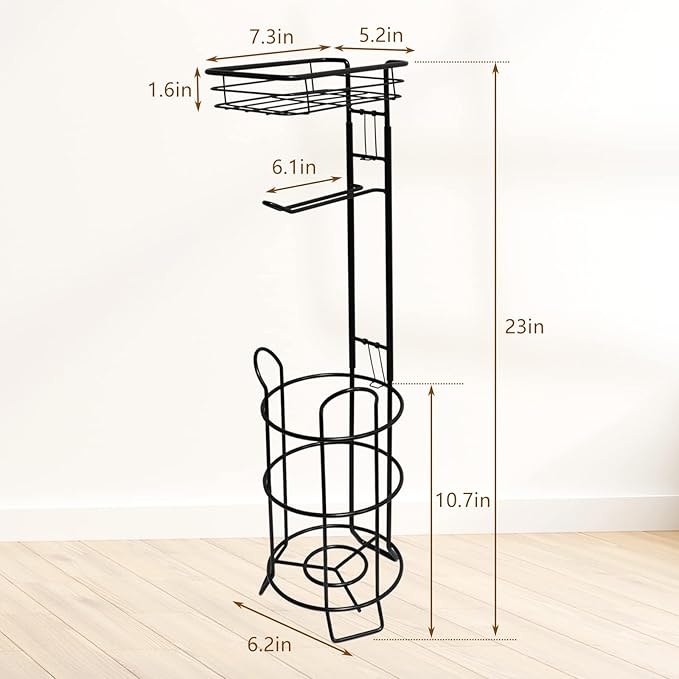 Toilet Paper Holder Stand Bathroom Toilet Paper Storage with Raised Base, Tissue Paper Roll Dispenser with Top Shelf (Black)