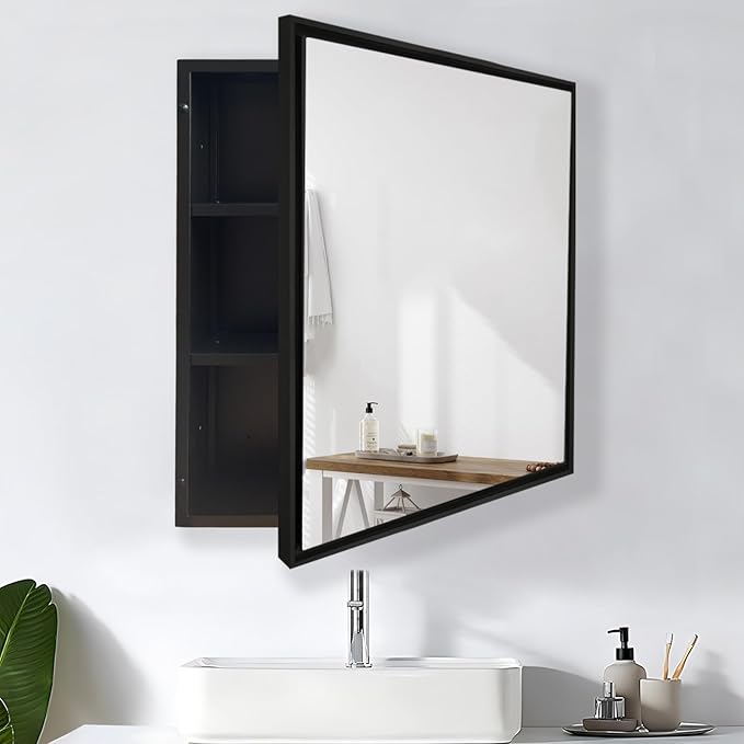 Bathroom Medicine Cabinet with MirrorSurface Mount Vanity Mirror Cabinet, Single Door Cabinet Famerhouse Bathroom with Storage (Brush Black, 24x24 Inch)