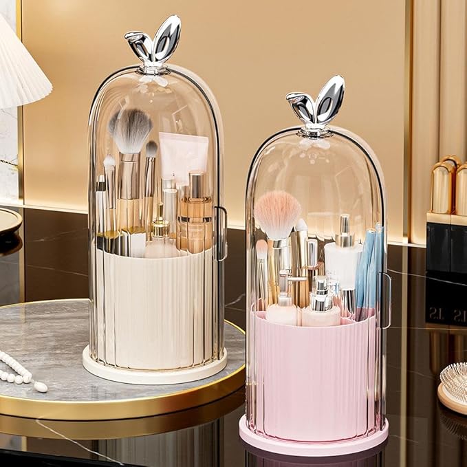 Makeup Brush Holder Organizer with 360?? Rotating Lid,Concealed Toothbrush Holder,3 Slots Bathroom Organizer Countertop for Vanity Desktop, Clear Cover Easy Visibility