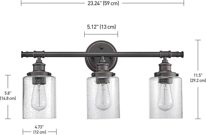 Globe Electric 51415 Camden 5-Piece All-in-One Bathroom Set, 3 Vanity Light with Seeded Glass Shades, Bar, Towel Ring, Robe Hook, Toilet Paper Holder, Bronze