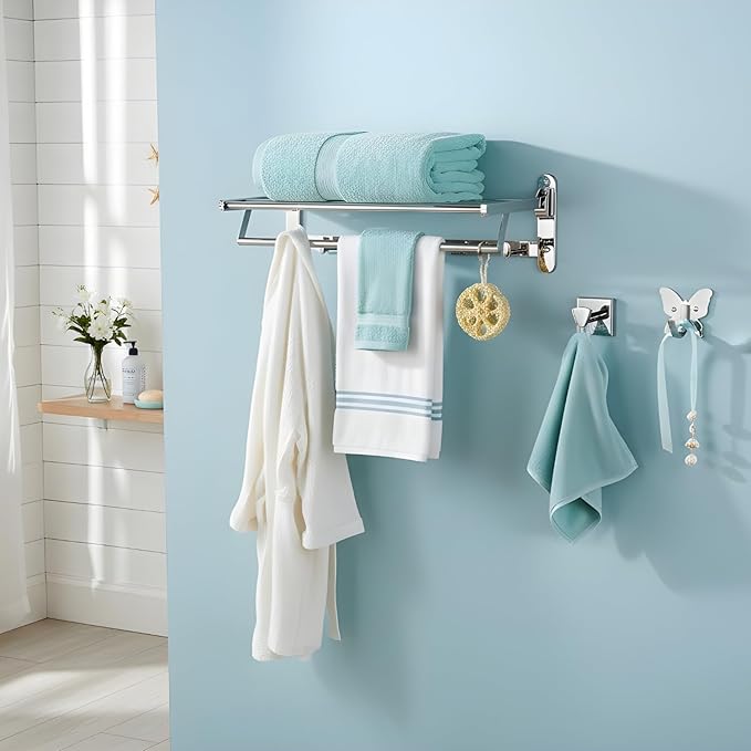 Roshan Handcrafted and Hand Polished Multi Purpose Towel Rack, Rust Proof and Peel Resistant Towel Shelf, Includes 2 Handmade Hooks (3, Silver)