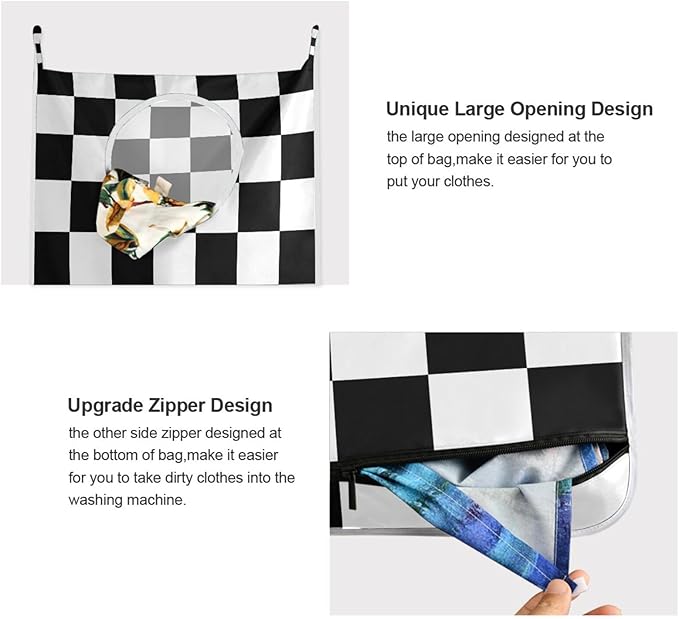 Checkered Black and White Hanging Laundry Hamper Door Hampers Bag Basket with Stainless Steel Hooks Oxford Fabric Printing Decorative Clothes Bags 29.5X20inch 1Pack
