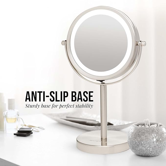 OVENTE Lighted Vanity Mirror 6 Inch Table Top 1X 7X Magnification LED 360 Adjustable Double Sided Spinning Personal Makeup Stand Desk Bathroom Battery Powered Round Large Nickel Brushed MLT60BR1X7X