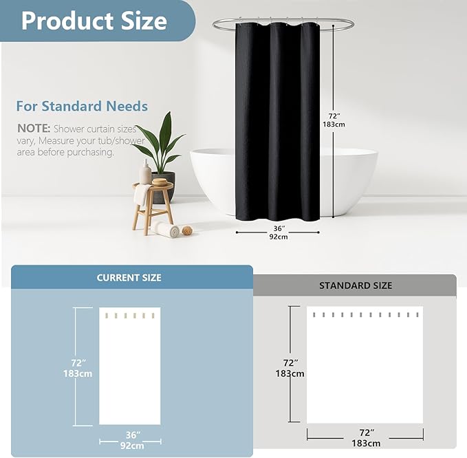 OVZME Berry Stall Fabric Shower Curtain 36 x 72 Inch - Soft & Waffle Small Black Shower Curtain for Bathroom with Texture for Narrow Stall Size, Machine Washable Water Resistance, Hotel Style, Black