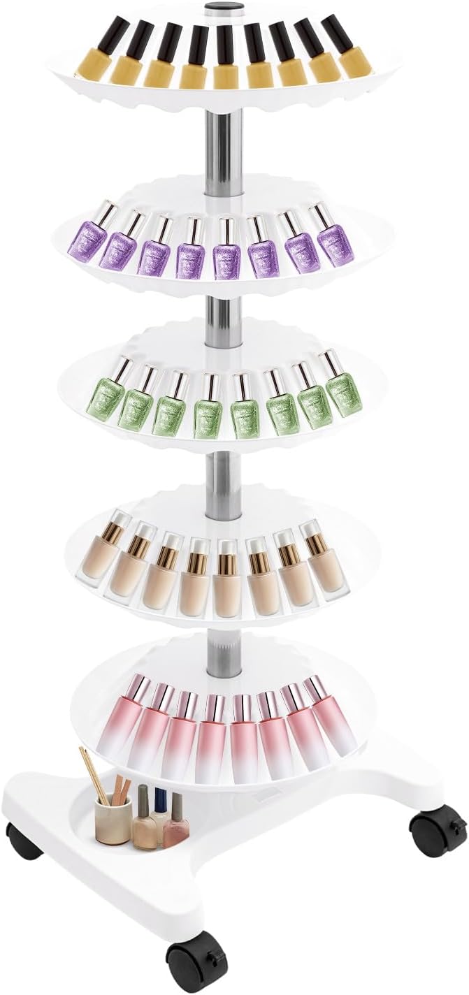 DYRABREST 5-Tier Nail Polish Trolley Organizer, 360° Rotating Nail Polish Display Stand with Wheels, Adjustable Shelves, White Modern Rolling Cart for Nail Salons and Home Use (white)