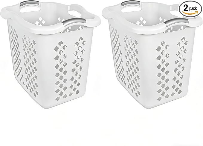 2-bushel capacity laundry baskets with silver handles, white, 2-pack