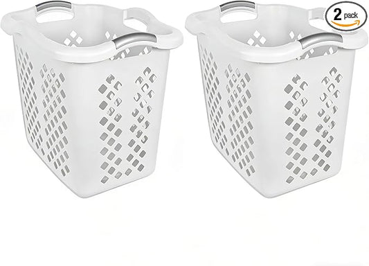 2-bushel capacity laundry baskets with silver handles, white, 2-pack