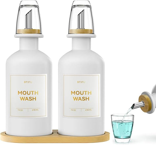 2PCS White Glass Mouthwash Dispenser for Bathroom Countertop – 14oz/410ml Refillable Mouthwash Container with Glass Cup & Bamboo Tray, Modern Bathroom Decor for Home, Vacation Rentals, Gym (White)