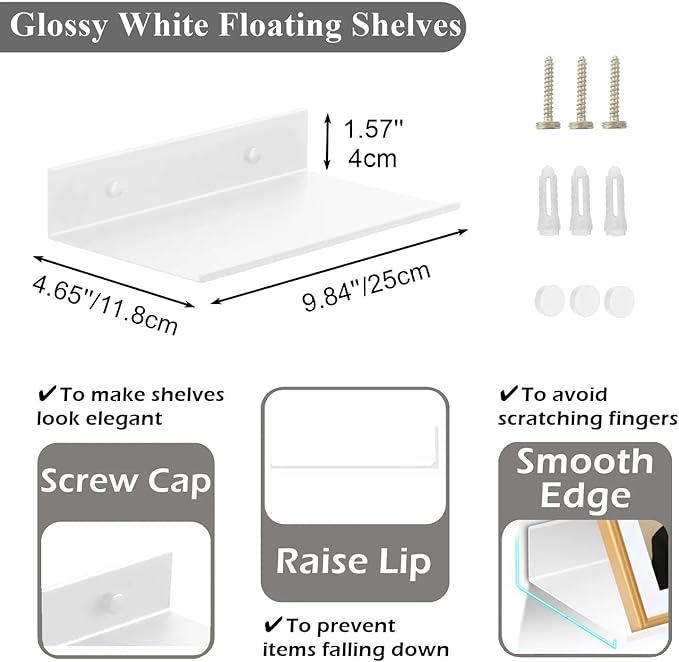 Z metnal Small Metal Shelves, Mini Floating Shelf for Collection Action Figures Speaker, Decor Display Wall Shelf, Aluminum, Wall Mounted, White, 10 inch, 2 Pack