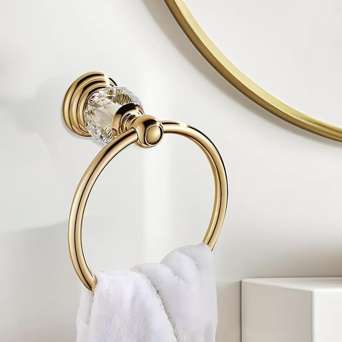 Crystal Gold Towel Ring, Gold Bathroom Towel Holder Ring, Golden Towel Rack Hanger Home Hand Towel Ring Towel Holder for Bathroom Wall Mounted Bathroom Accessory