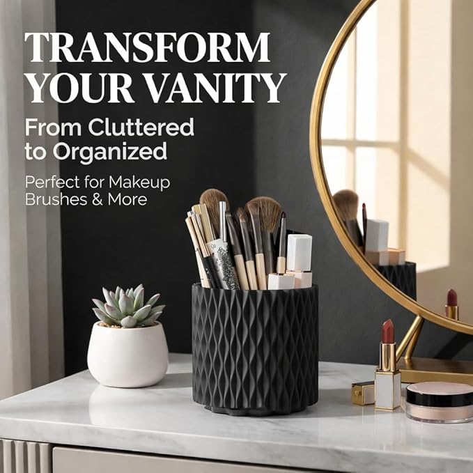 Makeup Brush Holder Organizer, 360?? Rotating 5-Slot Make up Brushes Cup for Cosmetic, Lipstick, Hair Brush Holder - Spinning Vanity Countertop Caddy for Bathroom, Dorm & Office, Black