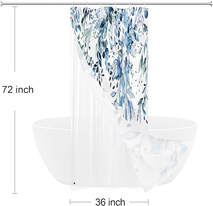 Gibelle Small Stall 3 in 1 Shower Curtain Set,Eucalyptus Bath Curtain with PEVA Liner Set and 12 Metal Hooks, Modern Waterproof Fabric Bathroom Curtain 36x72, Blue