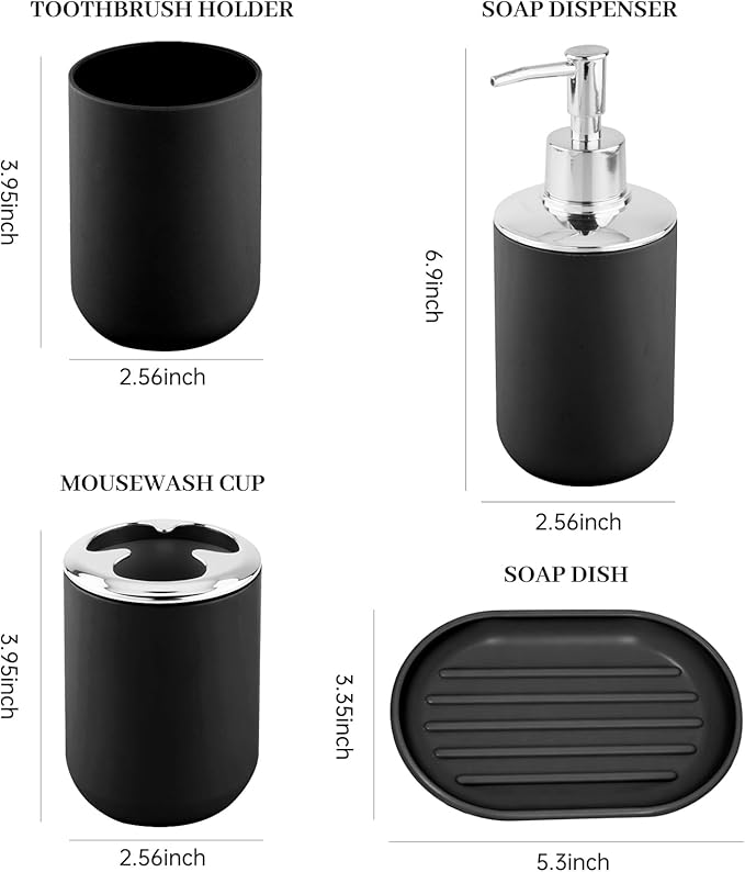 Bathroom Accessory Set, 4 Pcs Plastic Bathroom Set Include Soap Dispenser, Soap Dish, Toothbrush Holder, Mousewash Cup, Modern Bahtroom D??cor Set, Space Save for Bathroom(Black)