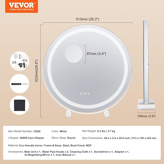 VEVOR 20” Vanity Mirror with Lights, LED Makeup Mirror 3 Color Lighting Modes, with 5X Magnification Mirror, Smart Touch Control, 360°Rotation,Round Lighted Makeup Mirror for Bedroom Tabletop (White)