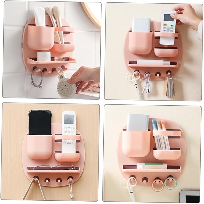 VICASKY Wall Mount Bathroom Shelf Organizer with 3 Compartments and 4 Hooks, Floating Pink Wall Holder Storage Rack for Toiletries and Bathroom Accessories