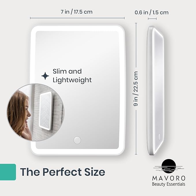 Mavoro 7x9 LED Lighted Rechargeable Travel Mirror | Small Wall Adhesive Mirror | Peel and Stick Wall Mount Lighted Travel Mirror | Real Glass Touch Sensor Vanity Mirror with Stand