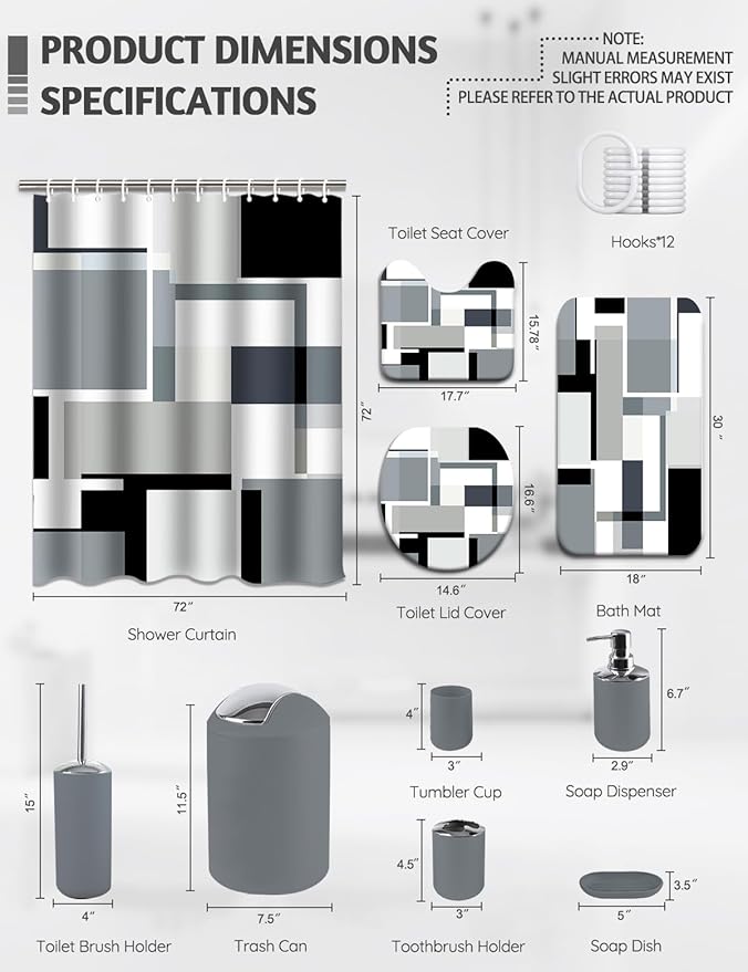 Lnond Grey Black Bathroom Set, 22-Piece Grey Black Geometry Bathroom Decor Set with with Shower Curtain and Rugs, Trash Can, Toilet Brush Holder Set & Soap Dispenser