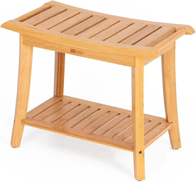 Unibambou Bamboo Shower Bench with Storage Shelf, Spa Bath Chair for Bathroom, Seat or Organizer for Living Room, Bedroom and Garden - Great for All Ages Unisex Elderly (Large, Natural)