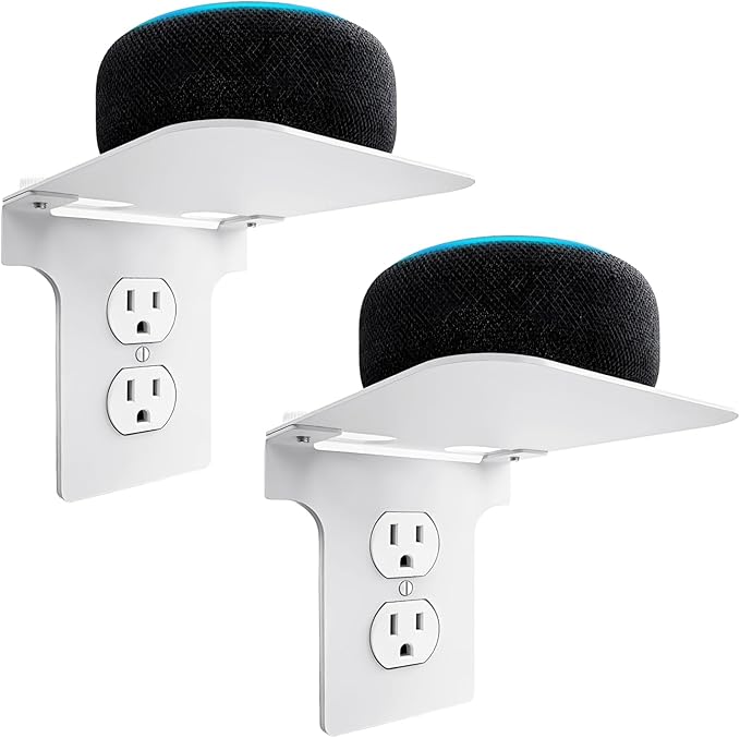 Metal Outlet Shelf Wall Holder for Duplex (Round) Outlets - Bathroom & Kitchen Organizer with Cord Storage, Quick Install for Smart Home Toothbrush Holder Holds Smart Speaker Cell Phone 2Pack