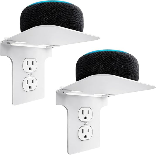 Metal Outlet Shelf Wall Holder for Duplex (Round) Outlets - Bathroom & Kitchen Organizer with Cord Storage, Quick Install for Smart Home Toothbrush Holder Holds Smart Speaker Cell Phone 2Pack