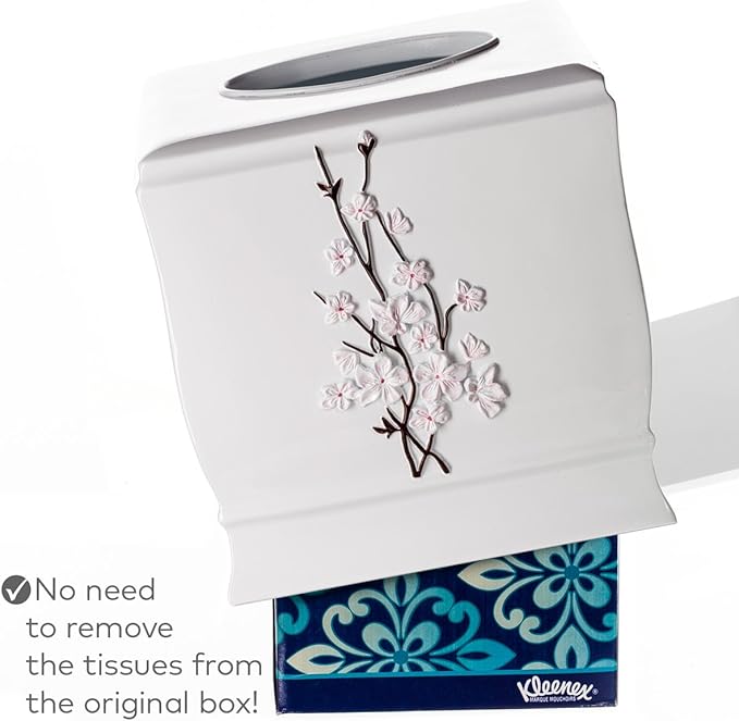 Creative Scents Vanda Square Tissue Box Cover – White & Pink Cherry Blossom Floral Decor – Decorative Resin Tissue Holder for Bathroom Vanities & Nightstands – Durable Bottom Slider