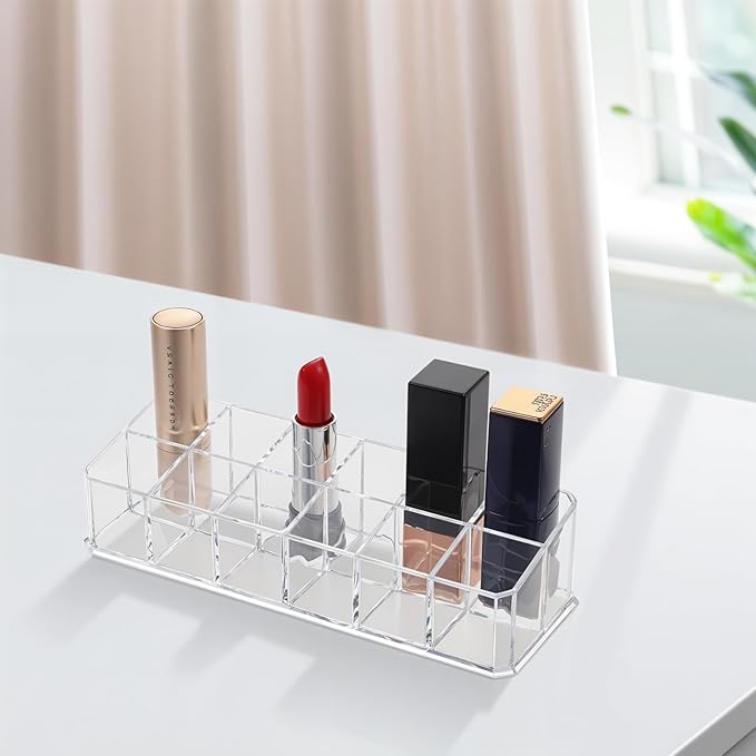 4-Pack 12-Slot Acrylic Lipstick Organizer, Lipstick Holder, Lip Gloss Organizer, Cosmetic Storage Display, Perfect Storage Solution for Drawer, Vanity, Bathroom, and More