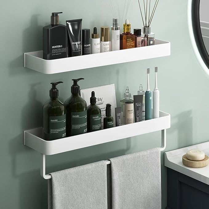 2-Tier Floating Shelf with Removable Hooks, Bathroom Shelves Wall Mounted (White)