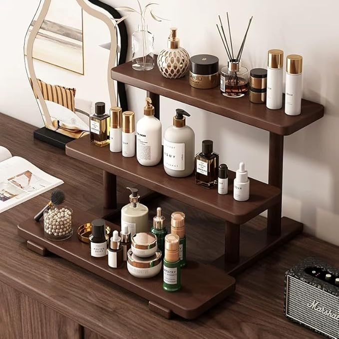 Bamboo Desktop Perfume Organizer – 3-Tier Wooden Storage Rack for Perfume, Makeup, Coffee Mugs – Natural Bamboo Display Stand for Vanity, Bathroom, Office