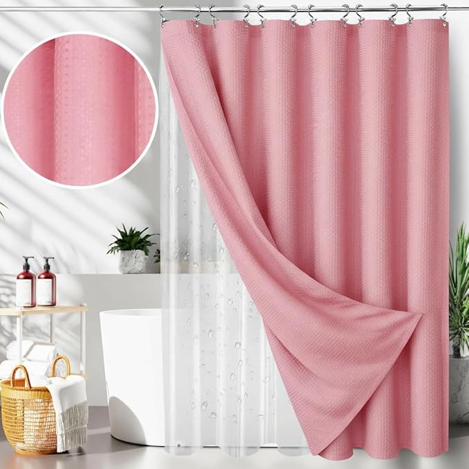 Pink Bathroom Set, 23 PCS Pink Bathroom Accessories Set with Shower Curtains, Trash Can, Toothbrush Holder, Soap Dispensers, Toothbrush Cup, Vanity Tray, Soap Dish, Toilet Brush, Qtip Holders