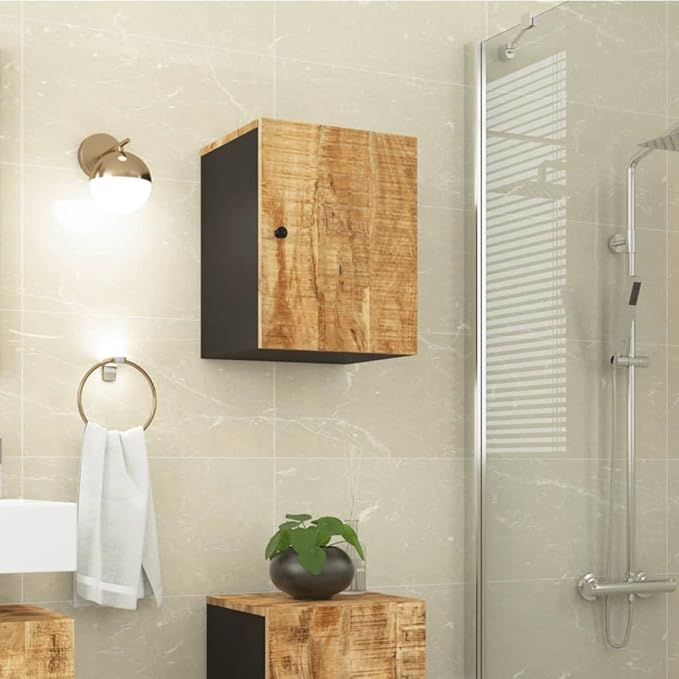 Natural Brown and Black Rustic Bathroom Wall Cabinet with Solid Mango Wood Storage Shelf for Organizing Toiletries Towels Cleaners