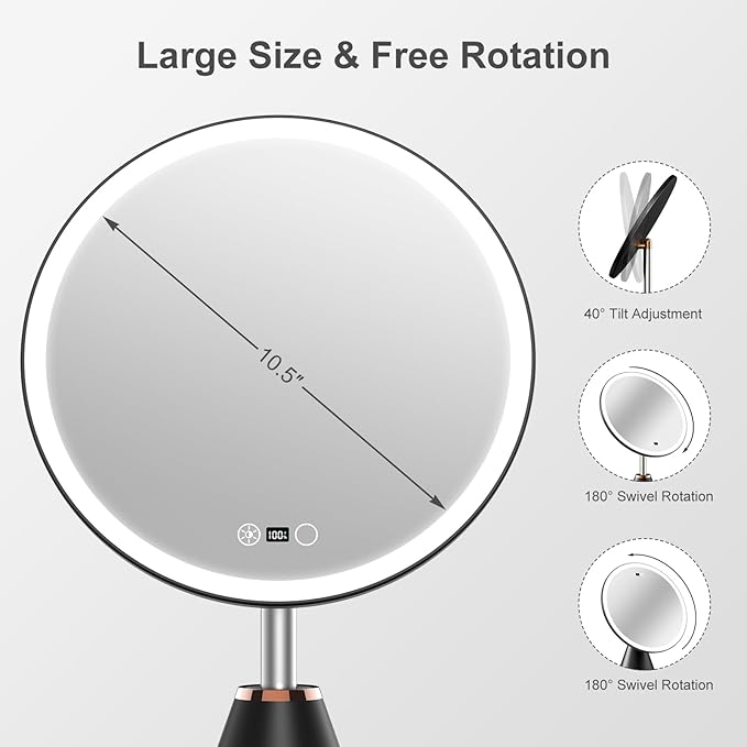 FRANO 10.5" Professional Makeup Mirror with Lights, Rechargeable HD Vanity Mirror, CRI≥98 True-Sunlight, 3 Color Modes & Stepless Dimming, 5000mAh, Valentines Day Gifts for Her