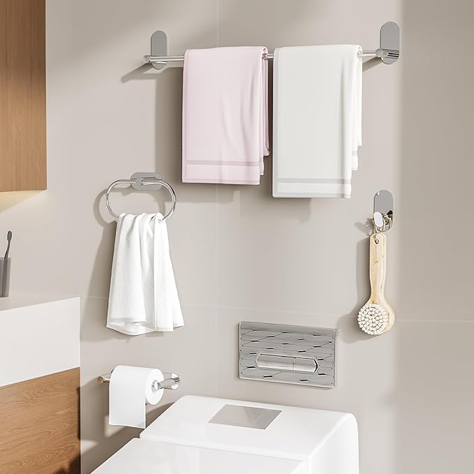 Self Adhesive Towel Bar for Bathroom 24ich Stainless Steel and Zinc Alloy No Drill Towel Rack Heavy Duty Hanger Stick On Hand Towel Holder for Kitchen, Cabinet, Door, Shower, Polished Chrome