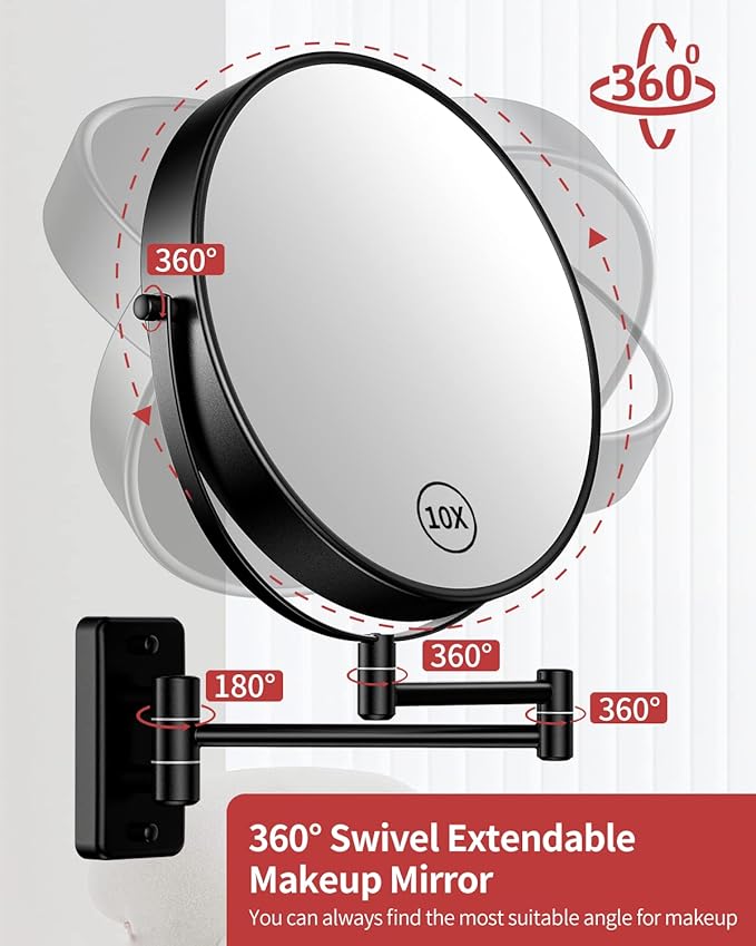 Gospire 9" Large Size Wall Mount Magnifying Mirror, 1X/10X Magnification Double-Sided, 360° Swivel Extendable Cosmetic Vanity Round Shaving Bathroom Mirror for Men and Women