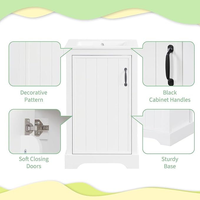 Virubi 20 in Small Bathroom Vanity with Sink,Soft Close Door and Adjustable Shelf,Wood Modern Single Bathroom Sink Cabinet,Freestanding (White)