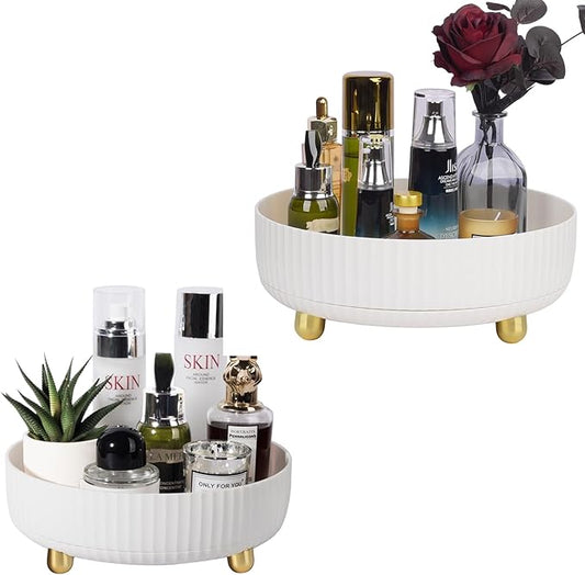 Anyoifax Makeup Perfume Organizer Tray 360 Degree Rotating Lazy Susan Skincare Lotion Organizer Spinning Cosmetics Storage for Dresser, Vanity, Bathroom Countertop, Small White & Large White
